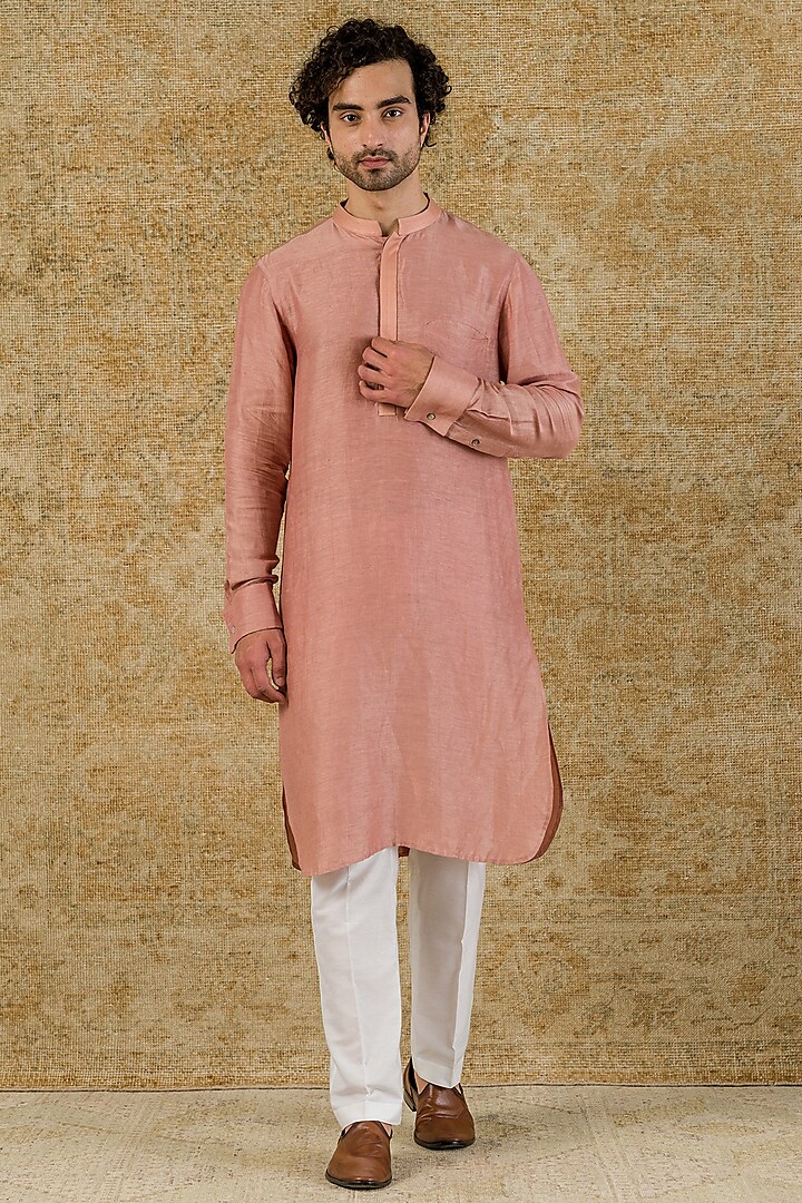 Rose Pink Linen Satin Kurta Set by Devnaagri Men