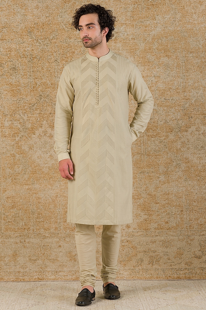 Pista Green Cotton Silk Kurta Set by Devnaagri Men