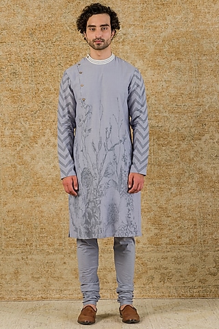 Aegean Blue Chanderi Hand Block Printed & Embroidered Kurta Set by Devnaagri Men