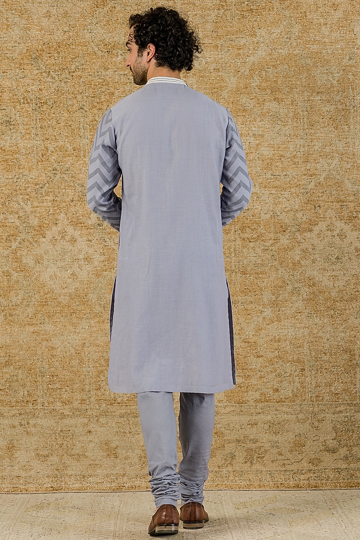 Aegean Blue Chanderi Hand Block Printed & Embroidered Kurta Set by Devnaagri Men at Pernia's Pop Up Shop