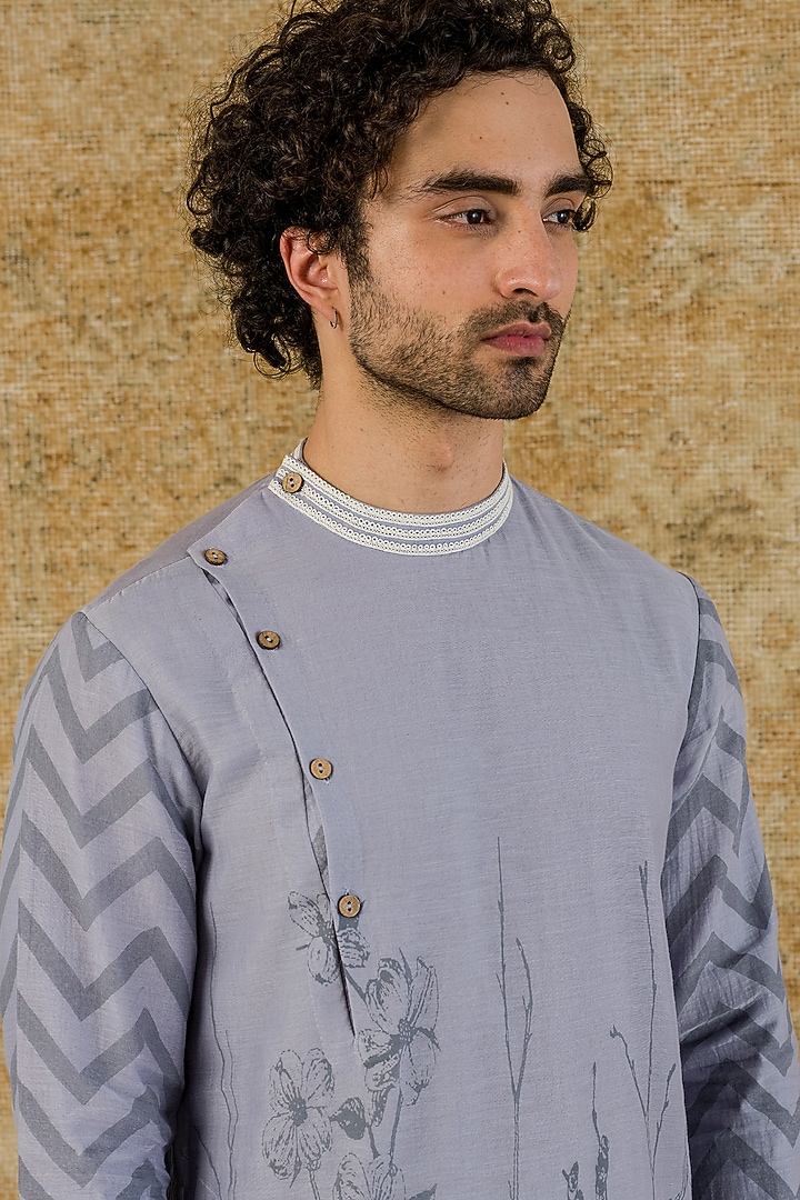 Aegean Blue Chanderi Hand Block Printed & Embroidered Kurta Set by Devnaagri Men at Pernia's Pop Up Shop