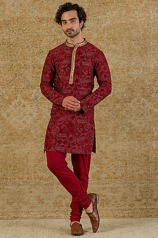 Maroon Chanderi Embroidered & Printed Kurta Set by Devnaagri Men