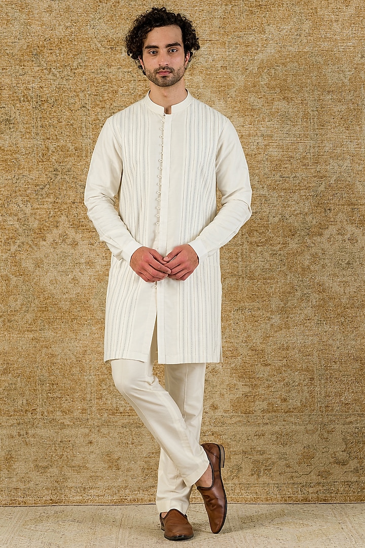 Off-White Cotton Silk Kurta Set by Devnaagri Men