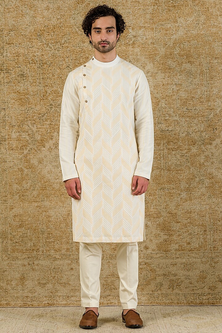 Ivory Cotton Silk Kurta Set by Devnaagri Men
