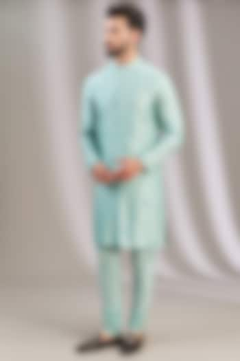 Turquoise Blue Silk Chanderi & Cotton Embroidered Kurta Set by Devnaagri Men at Pernia's Pop Up Shop