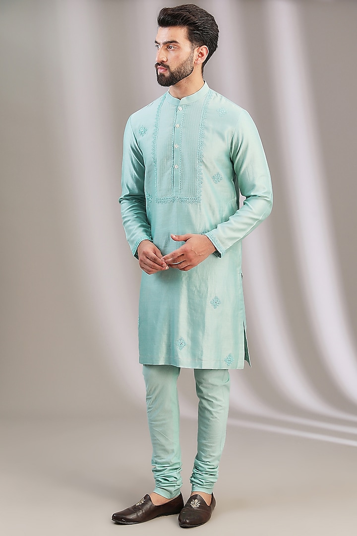 Turquoise Blue Silk Chanderi & Cotton Embroidered Kurta Set by Devnaagri Men at Pernia's Pop Up Shop