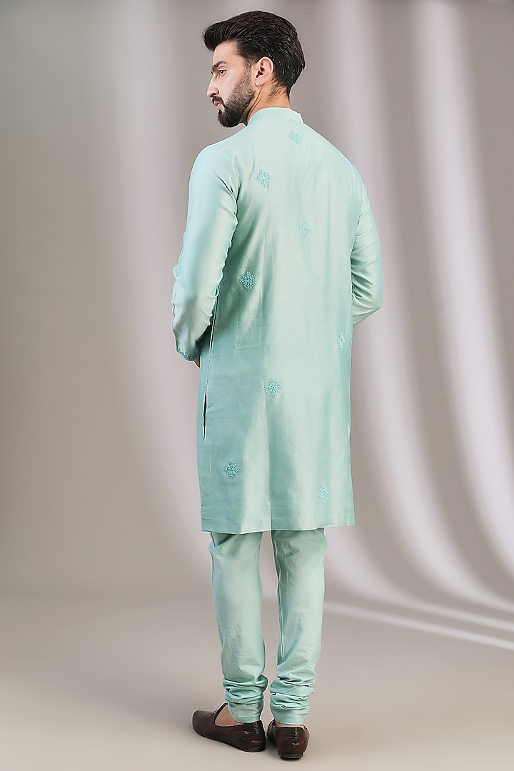 Turquoise Blue Silk Chanderi & Cotton Embroidered Kurta Set by Devnaagri Men at Pernia's Pop Up Shop