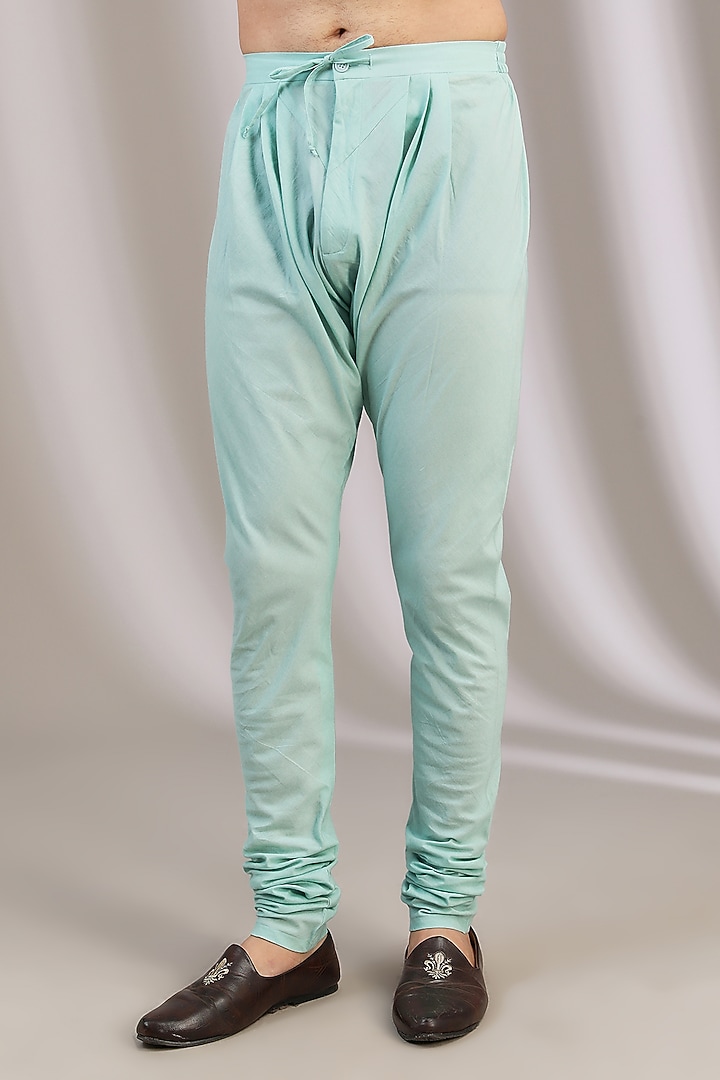 Turquoise Blue Silk Chanderi & Cotton Embroidered Kurta Set by Devnaagri Men at Pernia's Pop Up Shop