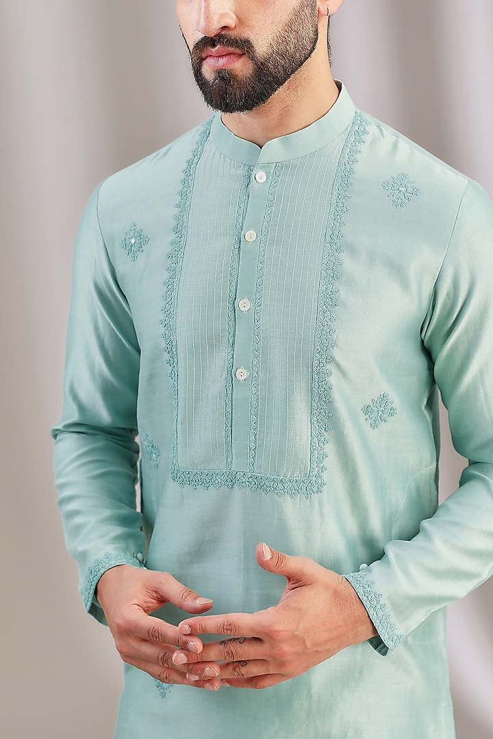 Turquoise Blue Silk Chanderi & Cotton Embroidered Kurta Set by Devnaagri Men at Pernia's Pop Up Shop