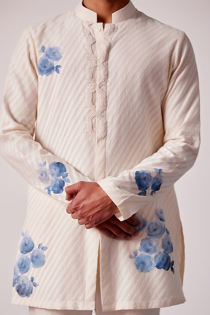 Ivory Woven Silk Chanderi Hand Painted Kurta Set by Devnaagri Men at Pernia's Pop Up Shop