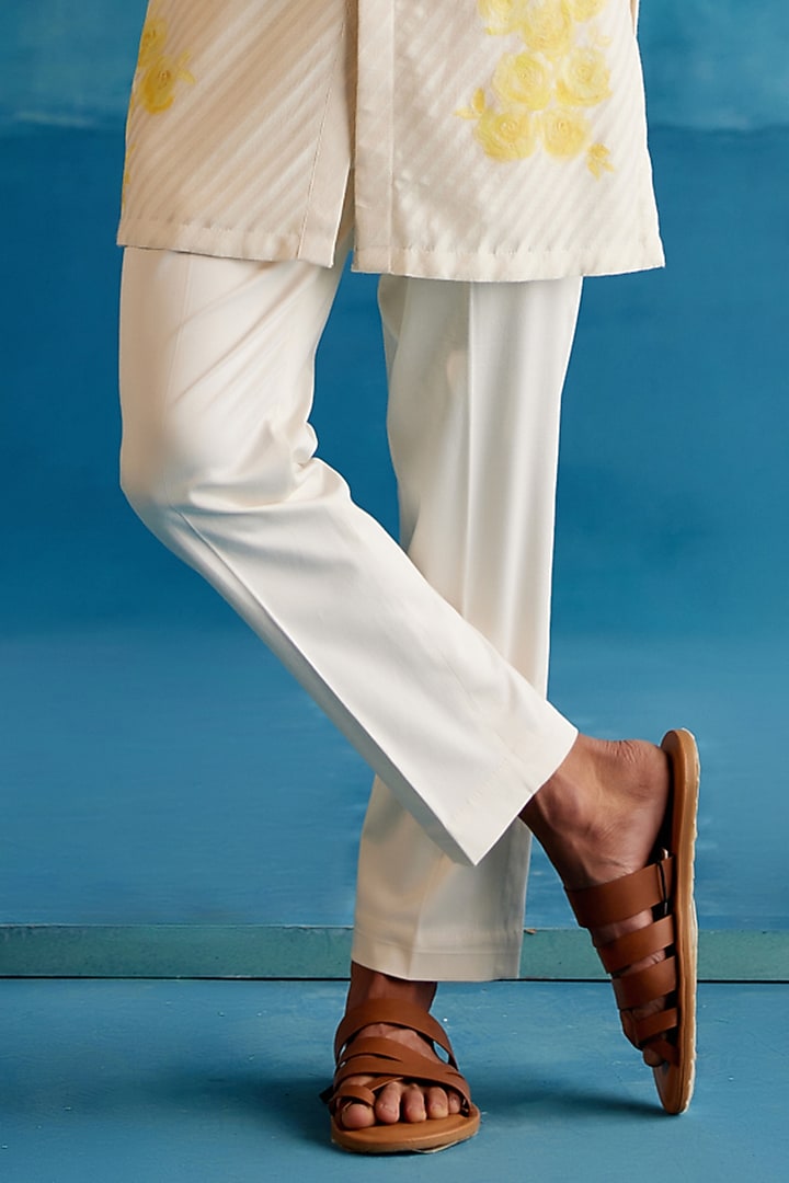 Ivory Woven Silk Chanderi Hand Painted Kurta Set by Devnaagri Men at Pernia's Pop Up Shop