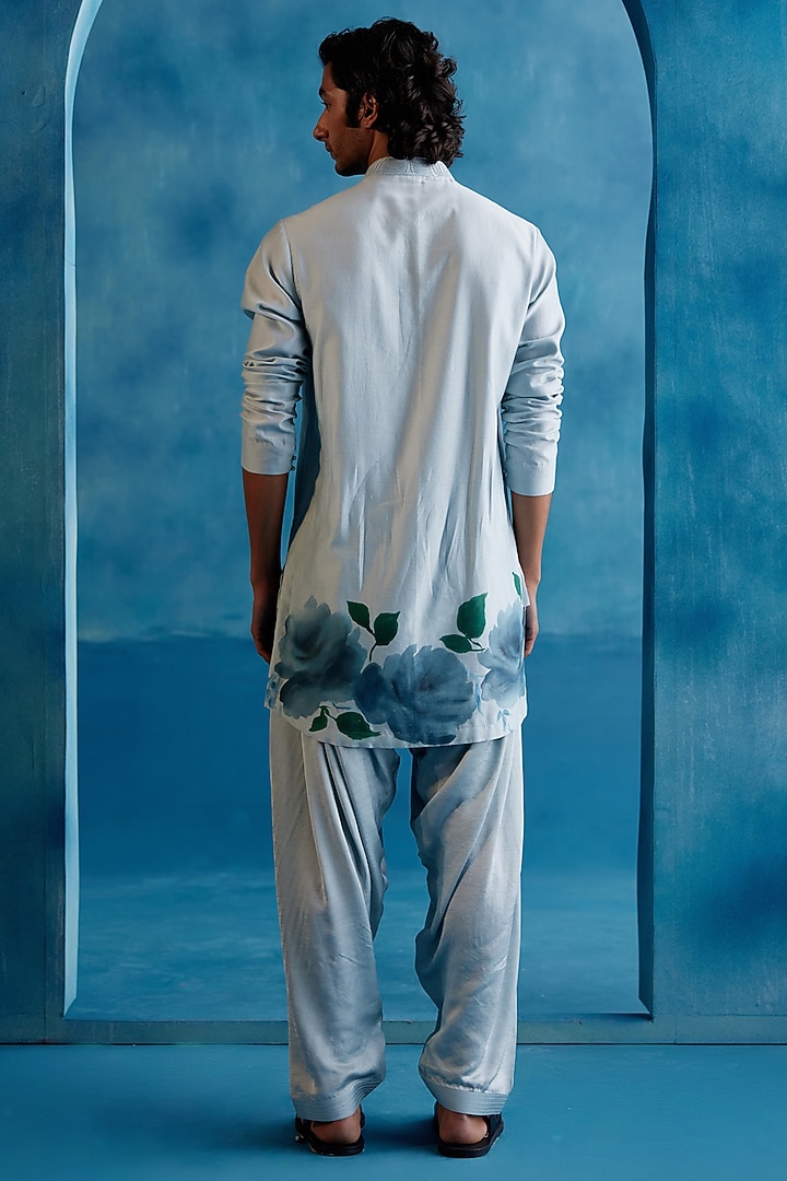 Ice Blue Silk Chanderi Hand Painted Kurta Set by Devnaagri Men at Pernia's Pop Up Shop