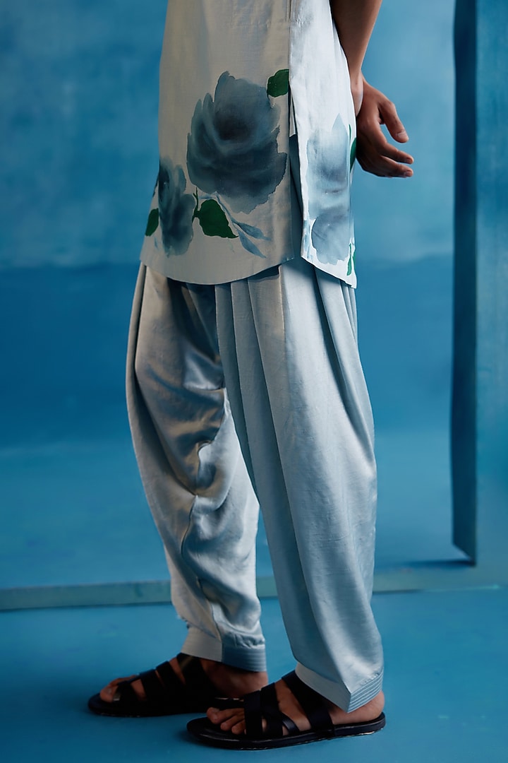 Ice Blue Silk Chanderi Hand Painted Kurta Set by Devnaagri Men at Pernia's Pop Up Shop