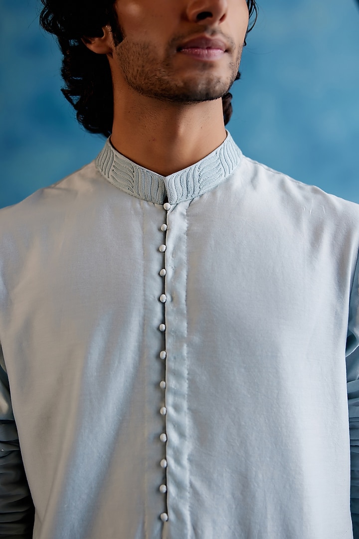 Ice Blue Silk Chanderi Hand Painted Kurta Set by Devnaagri Men at Pernia's Pop Up Shop