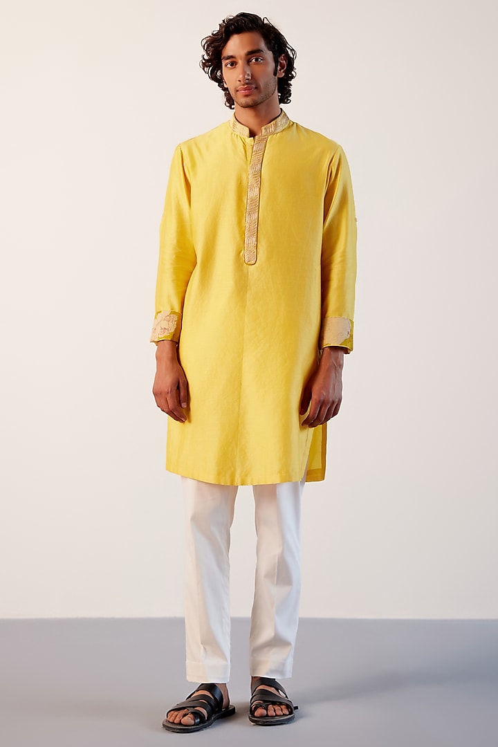 Bright Yellow Silk Chanderi Zari Embroidered Kurta Set by Devnaagri Men