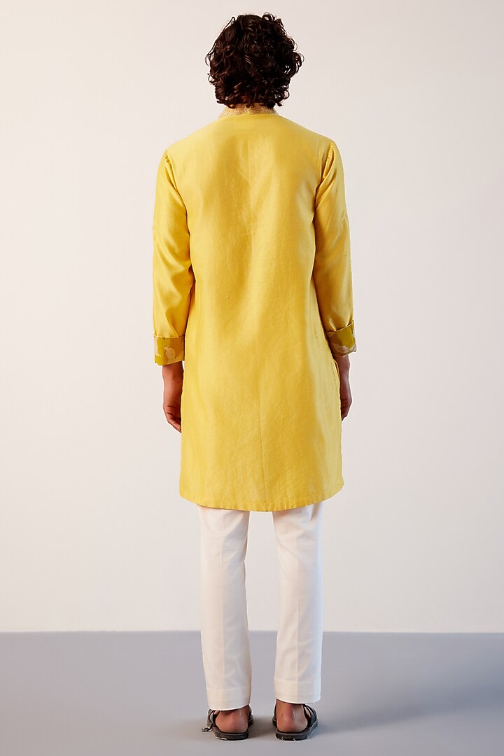 Bright Yellow Silk Chanderi Zari Embroidered Kurta Set by Devnaagri Men at Pernia's Pop Up Shop