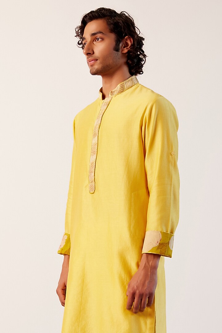 Bright Yellow Silk Chanderi Zari Embroidered Kurta Set by Devnaagri Men at Pernia's Pop Up Shop