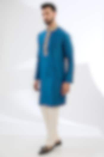 Blue Silk Chanderi Zari Embroidered Kurta Set by Devnaagri Men