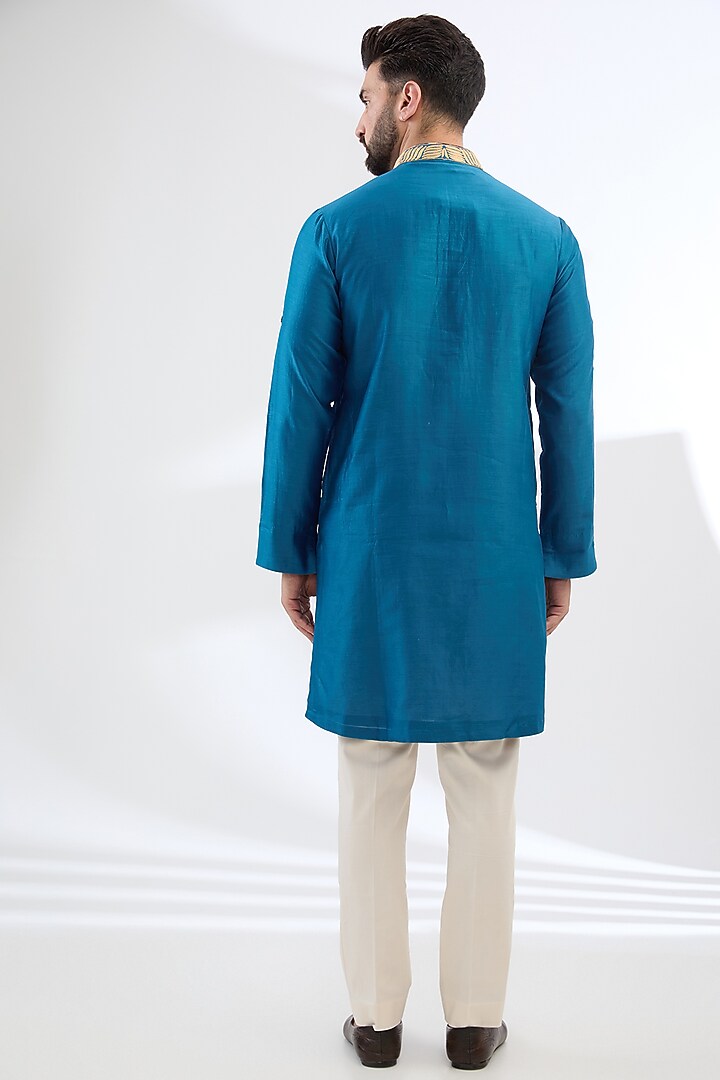 Blue Silk Chanderi Zari Embroidered Kurta Set by Devnaagri Men at Pernia's Pop Up Shop