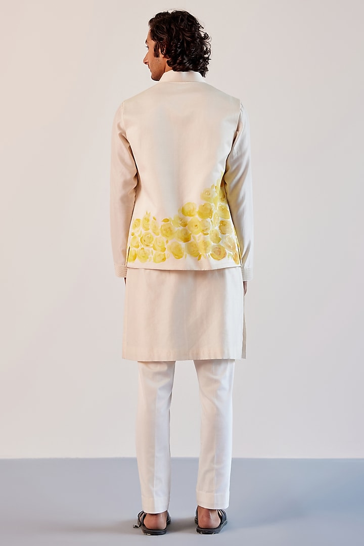 Ivory Tussar Linen Hand Painted Bundi Jacket Set by Devnaagri Men at Pernia's Pop Up Shop