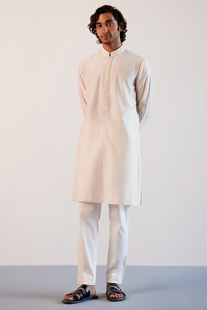 Ivory Tussar Linen Hand Painted Bundi Jacket Set by Devnaagri Men at Pernia's Pop Up Shop