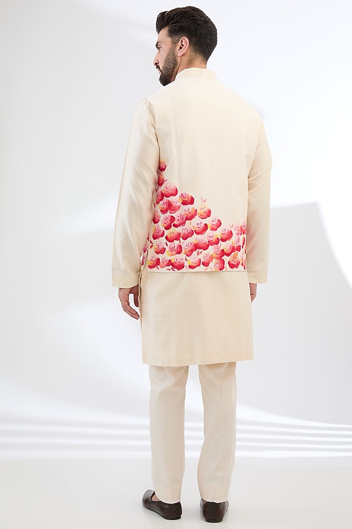 Ivory & Red Tussar Linen Hand Painted Bundi Jacket Set by Devnaagri Men at Pernia's Pop Up Shop