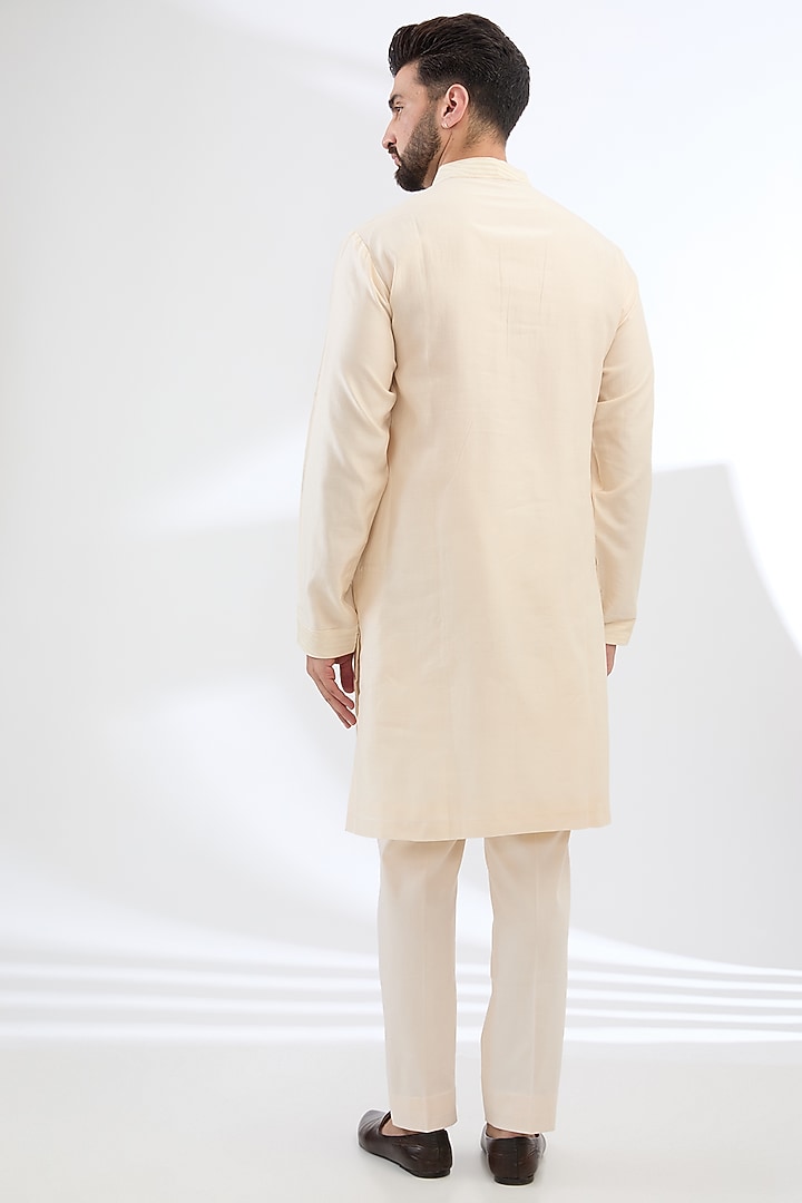 Ivory & Red Tussar Linen Hand Painted Bundi Jacket Set by Devnaagri Men at Pernia's Pop Up Shop