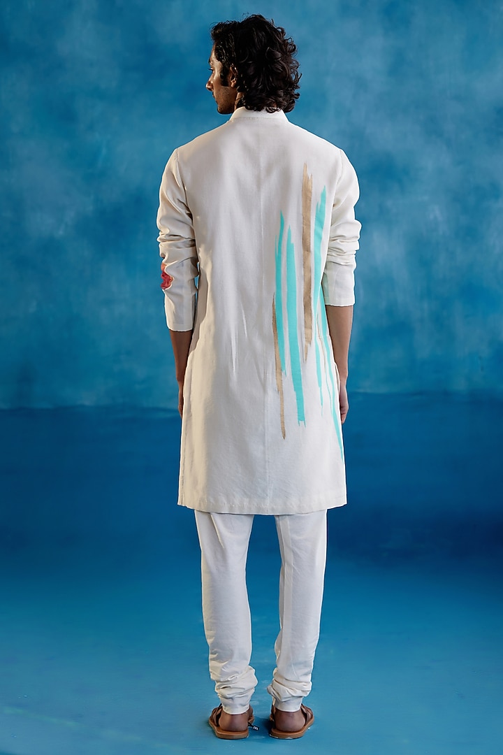 Beige Silk Chanderi Hand Painted Kurta Set by Devnaagri Men at Pernia's Pop Up Shop