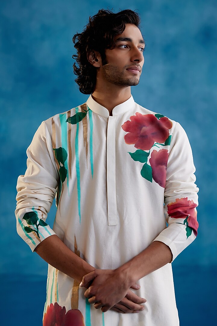 Beige Silk Chanderi Hand Painted Kurta Set by Devnaagri Men at Pernia's Pop Up Shop