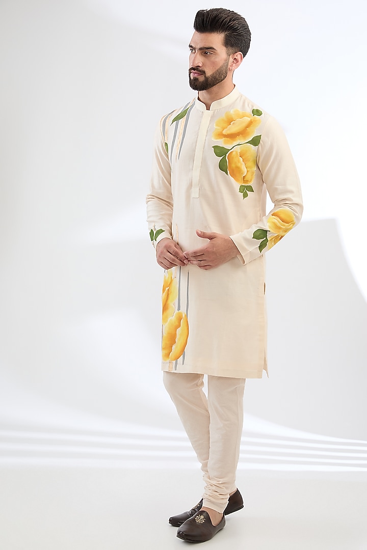 Ivory & Yellow Silk Chanderi Hand Painted Kurta Set by Devnaagri Men