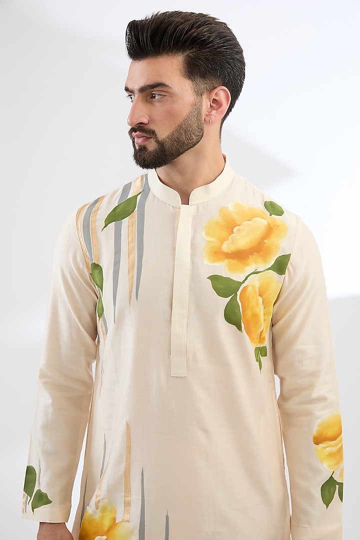 Ivory & Yellow Silk Chanderi Hand Painted Kurta Set by Devnaagri Men at Pernia's Pop Up Shop