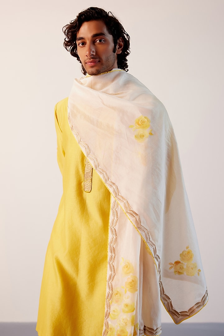 Ivory Silk Chanderi Hand Painted & Embroidered Stole by Devnaagri Men at Pernia's Pop Up Shop