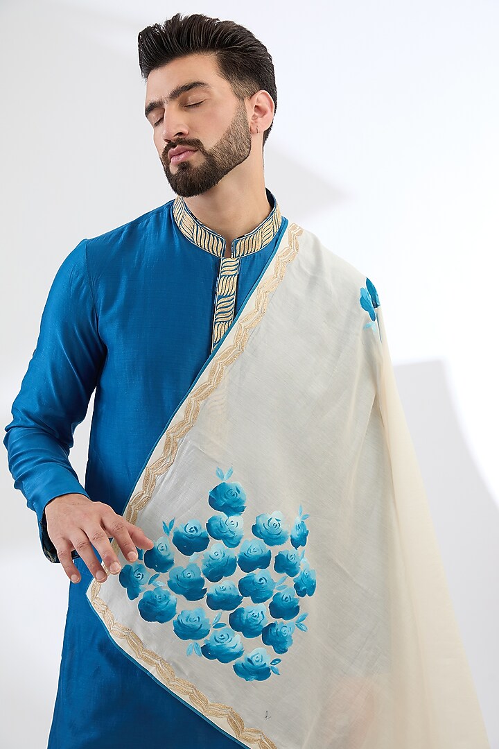 Ivory & Blue Silk Chanderi Hand Painted Stole by Devnaagri Men at Pernia's Pop Up Shop