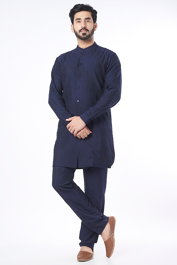 Dark Navy Blue Cotton Silk Blend Shirt Kurta Set by Devnaagri Men