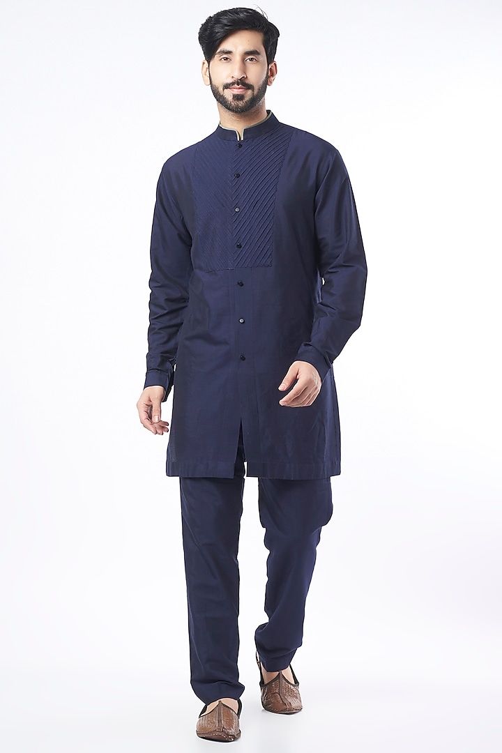 Dark Navy Blue Cotton Silk Blend Kurta Set by Devnaagri Men