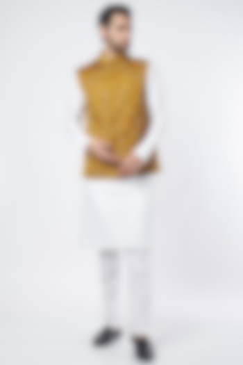 White Kurta Set With Mustard Embroidered Bundi Jacket by Devnaagri Men