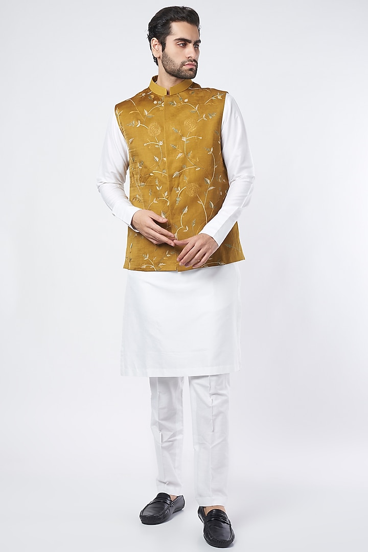 White Kurta Set With Mustard Embroidered Bundi Jacket by Devnaagri Men