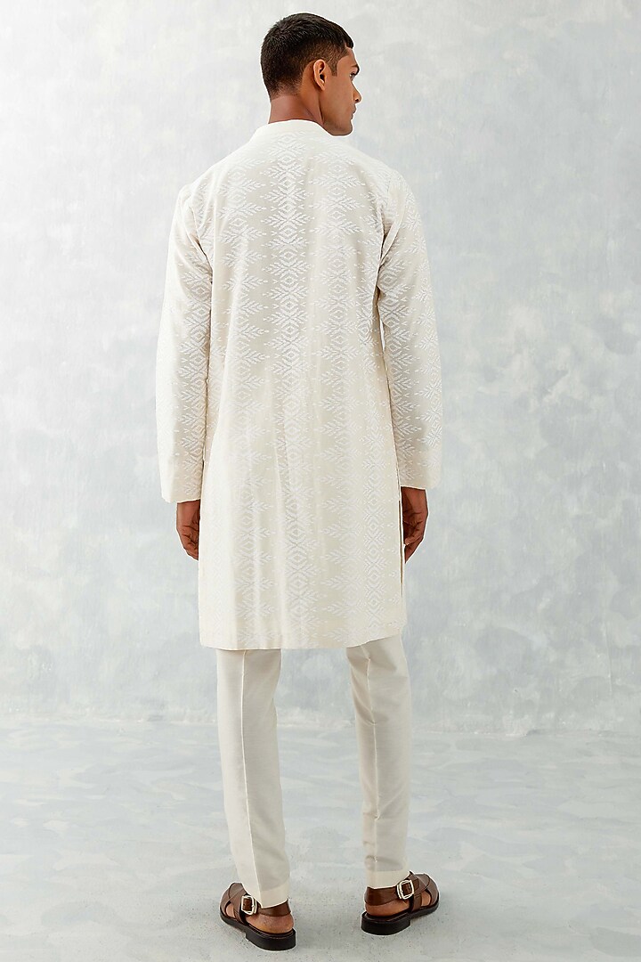 Ivory Silk Chanderi Embroidered Kurta Set] by Devnaagri Men at Pernia's Pop Up Shop
