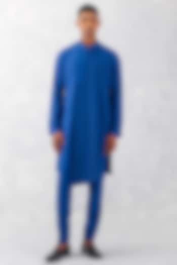 Blue Cotton Silk Blend Kurta Set by Devnaagri Men