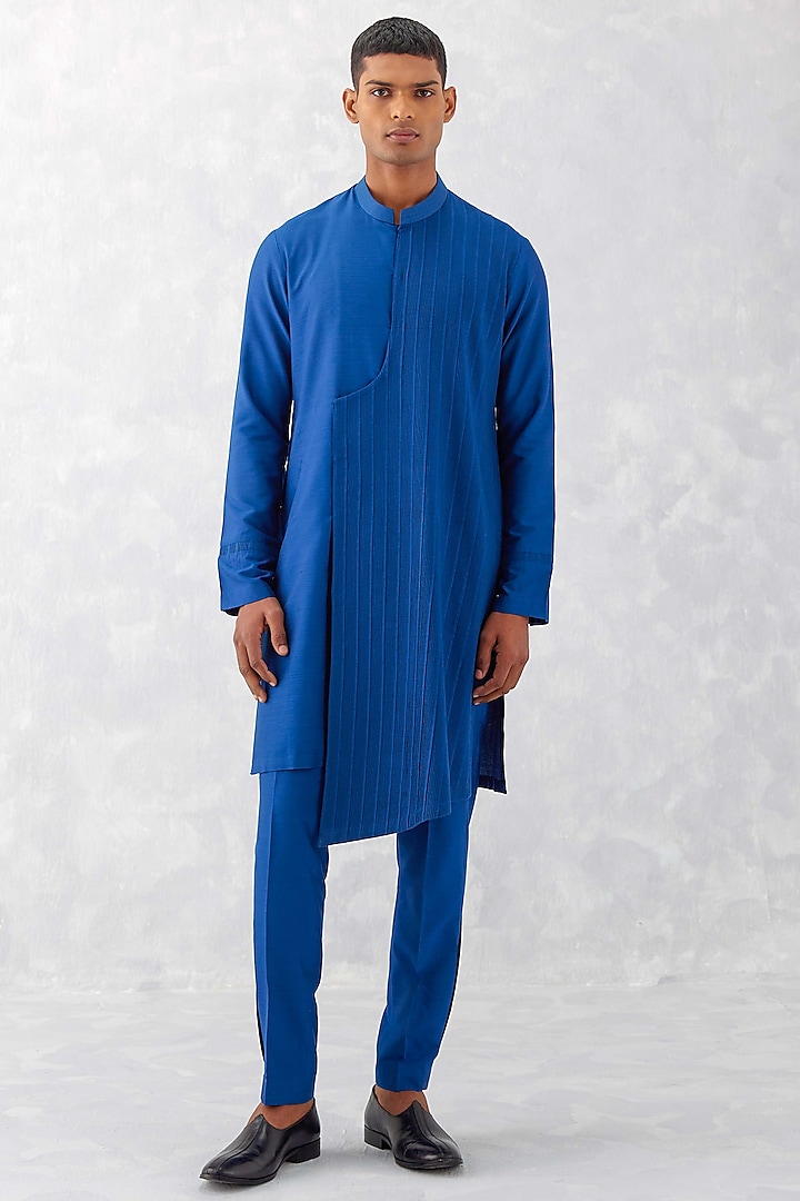 Blue Cotton Silk Blend Kurta Set by Devnaagri Men