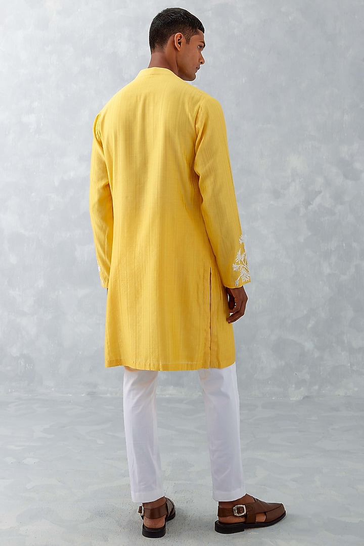 Mango Yellow Woven Chanderi Floral Thread Embroidered Kurta Set by Devnaagri Men at Pernia's Pop Up Shop