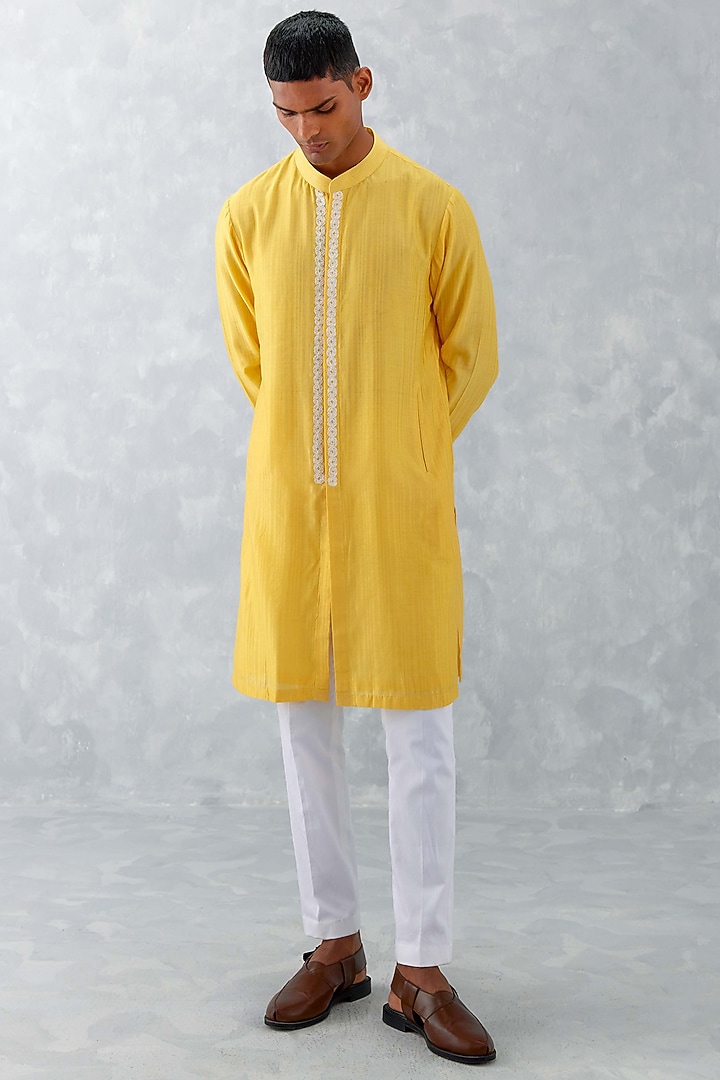 Mango Yellow Woven Chanderi Floral Thread Embroidered Kurta Set by Devnaagri Men at Pernia's Pop Up Shop