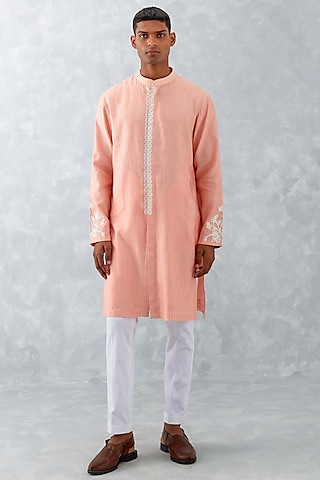 Blush Pink Woven Chanderi Embroidered Kurta Set by Devnaagri Men