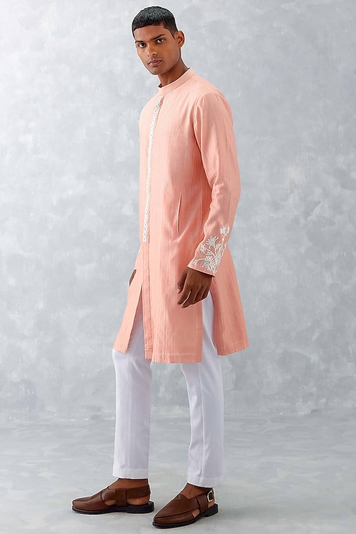 Blush Pink Woven Chanderi Embroidered Kurta Set by Devnaagri Men at Pernia's Pop Up Shop