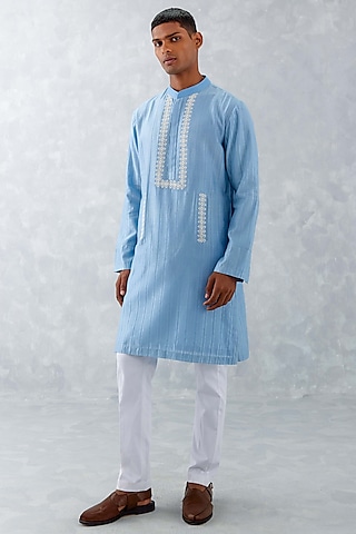 Blue Woven Chanderi Embroidered Kurta Set by Devnaagri Men