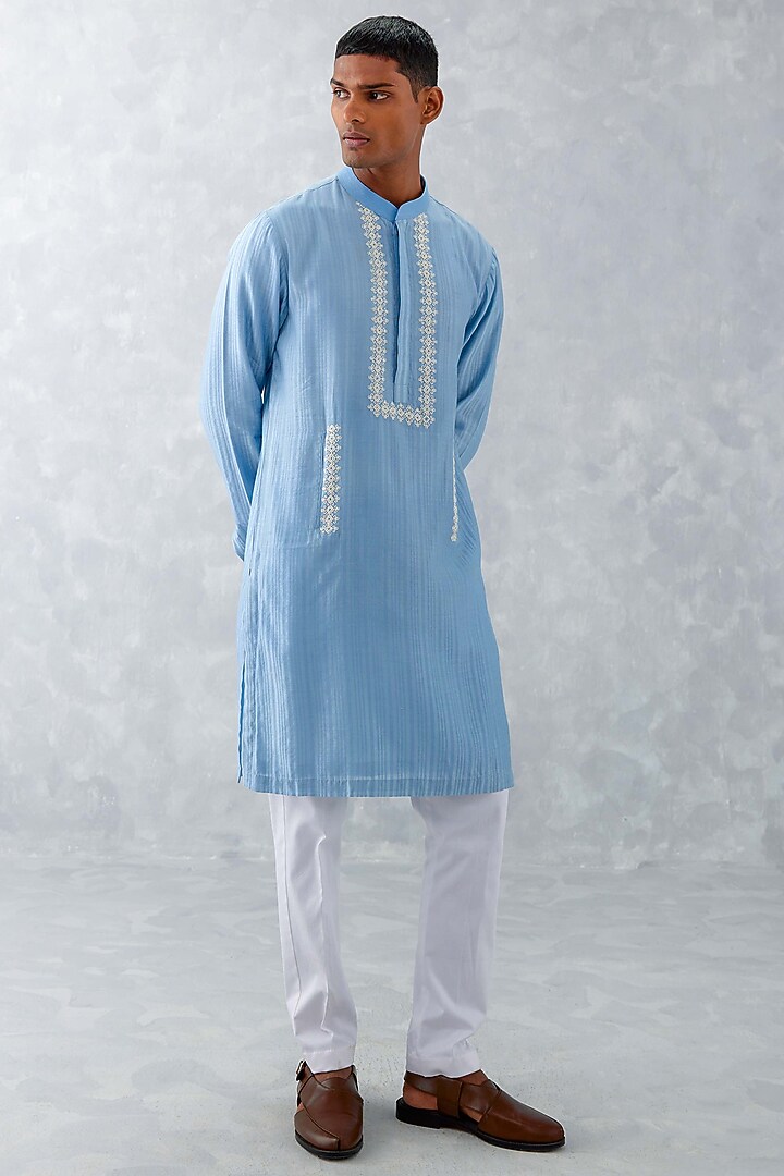 Blue Woven Chanderi Embroidered Kurta Set by Devnaagri Men at Pernia's Pop Up Shop