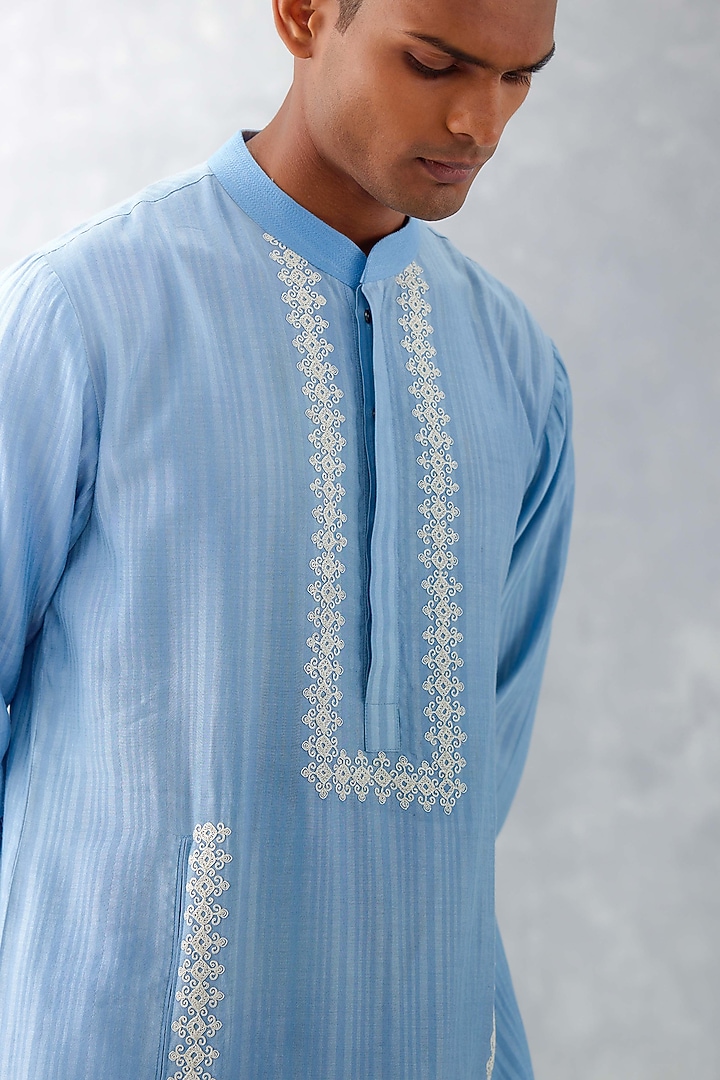 Blue Woven Chanderi Embroidered Kurta Set by Devnaagri Men at Pernia's Pop Up Shop