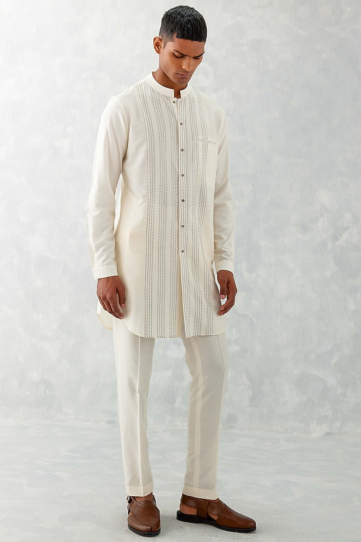 Ivory Cotton Silk Blend Kurta Set\ by Devnaagri Men at Pernia's Pop Up Shop