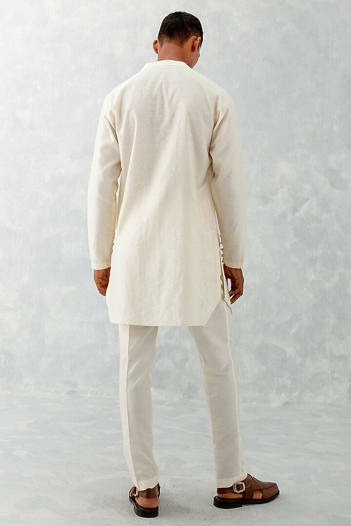 Ivory Silk Chanderi & Cotton Silk Blend Embroidered Kurta Set by Devnaagri Men at Pernia's Pop Up Shop