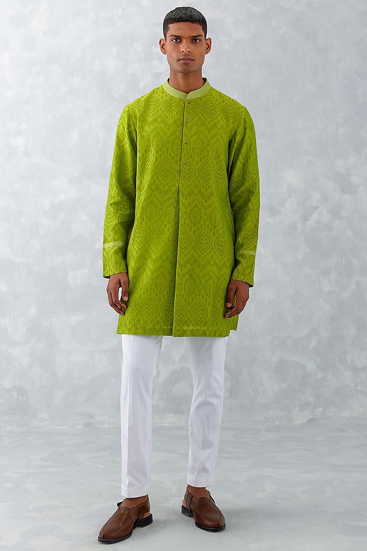 Green Silk Chanderi Ikat Printed Kurta Set by Devnaagri Men
